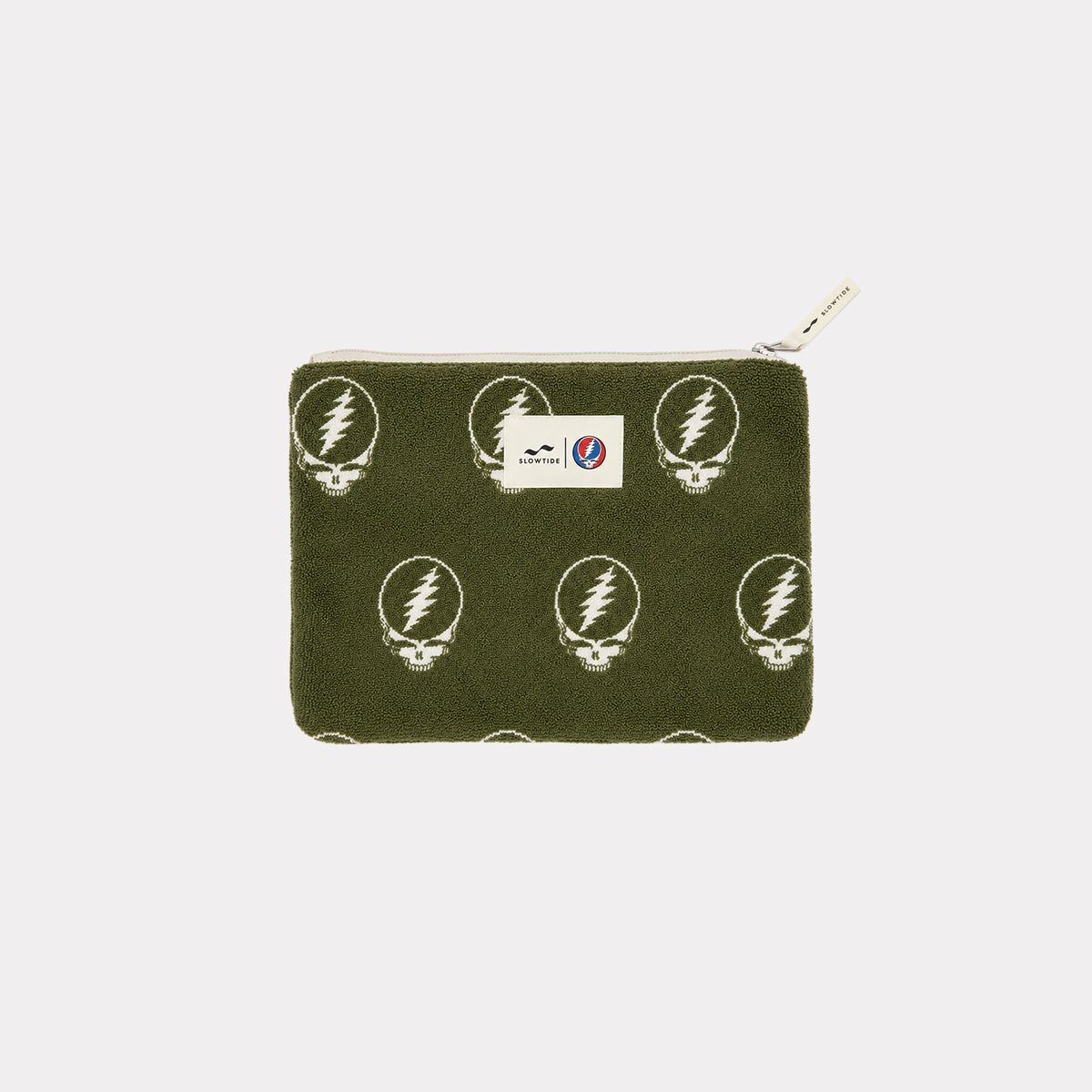 Organizer zip pouch with white skull and lightning bolt print.