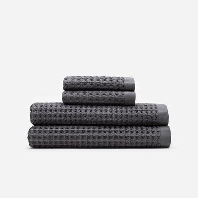 Waffle bath towels, sustainable cotton, stacked set of four.