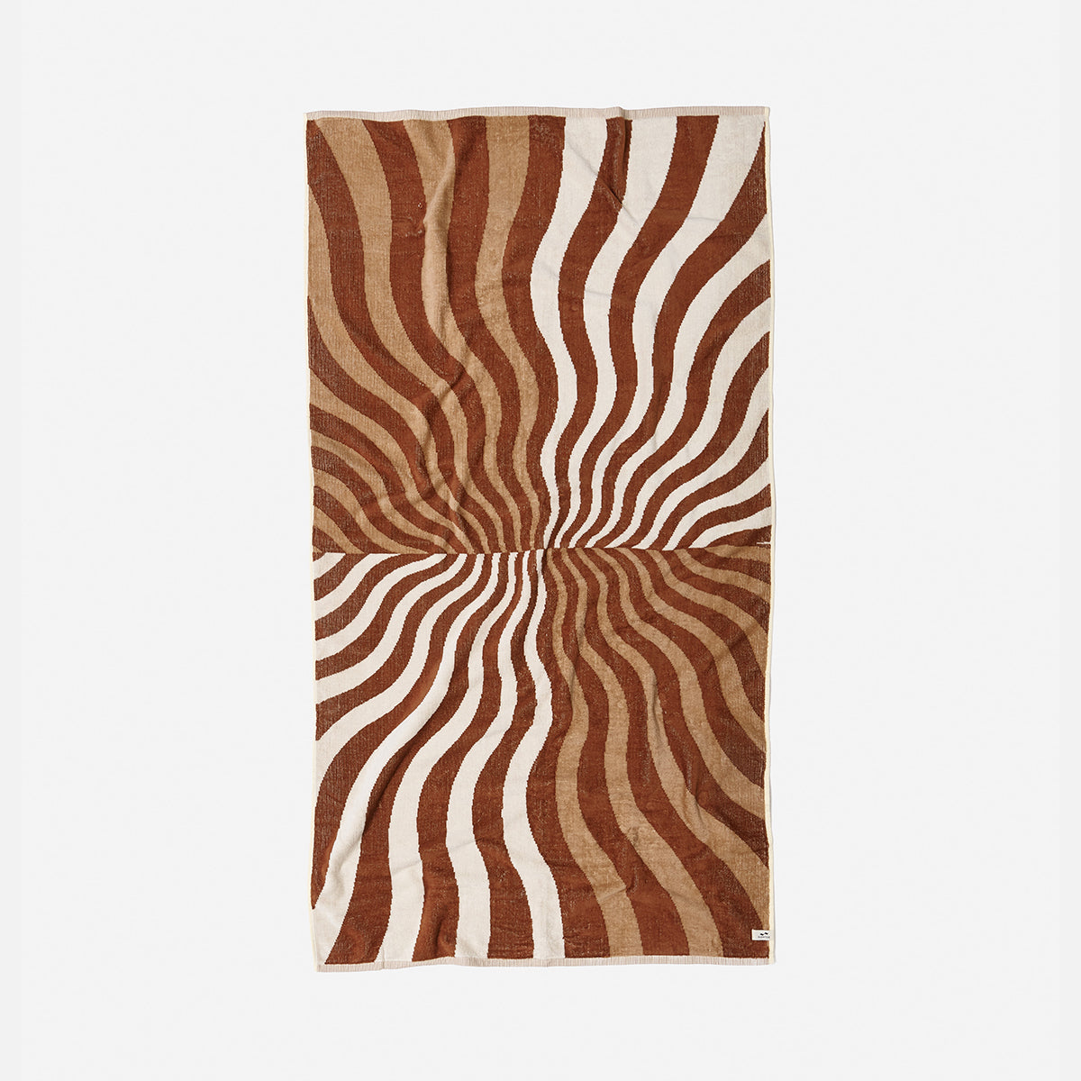 Oversized towel with wavy brown and cream retro stripes.
