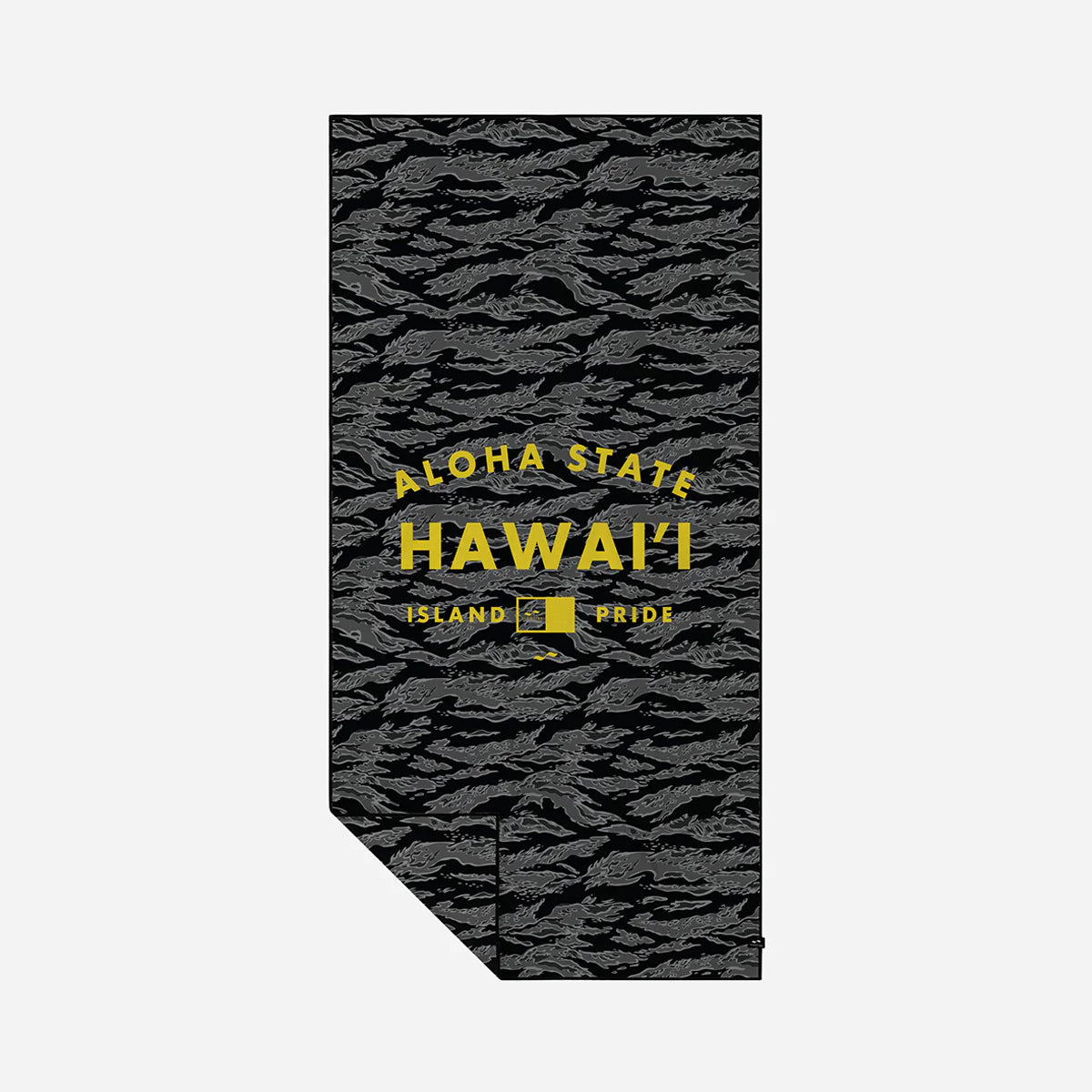 Quick-drying towel with gray pattern and yellow text, Hawaii Island Pride design.