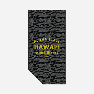 Quick-drying towel with gray pattern and yellow text, Hawaii Island Pride design.