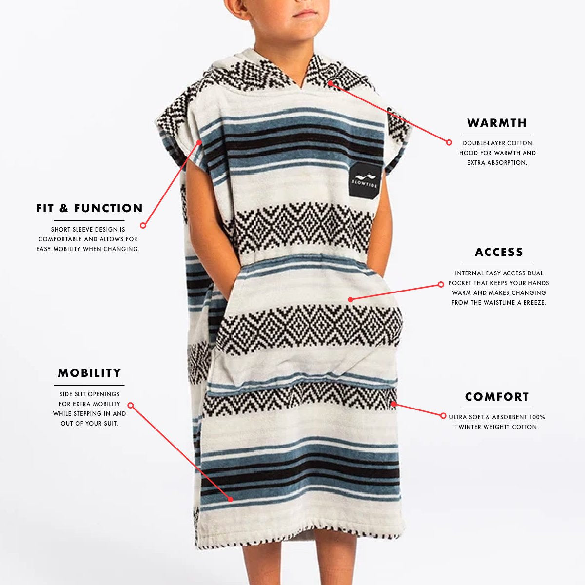Hooded towel poncho in white and blue cotton terry with front pockets and side slits.