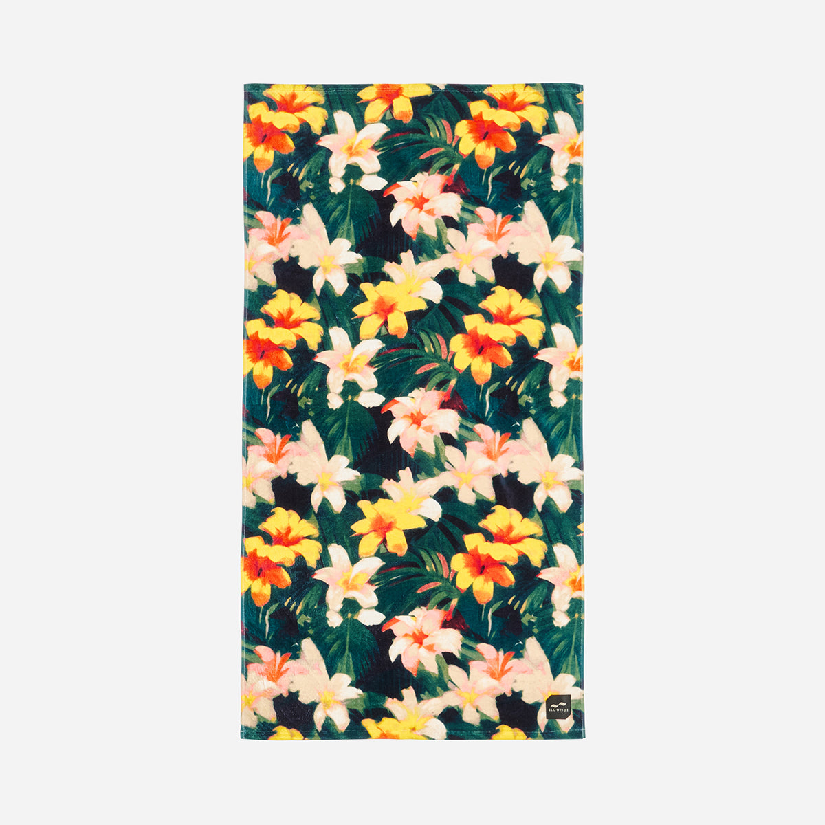 Beach towel, absorbent material, yellow orange white floral pattern on dark background.