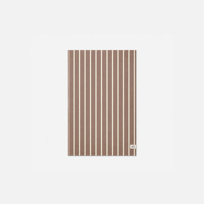 Kitchen towel, eco-friendly material, brown with vertical beige stripes, plain background.