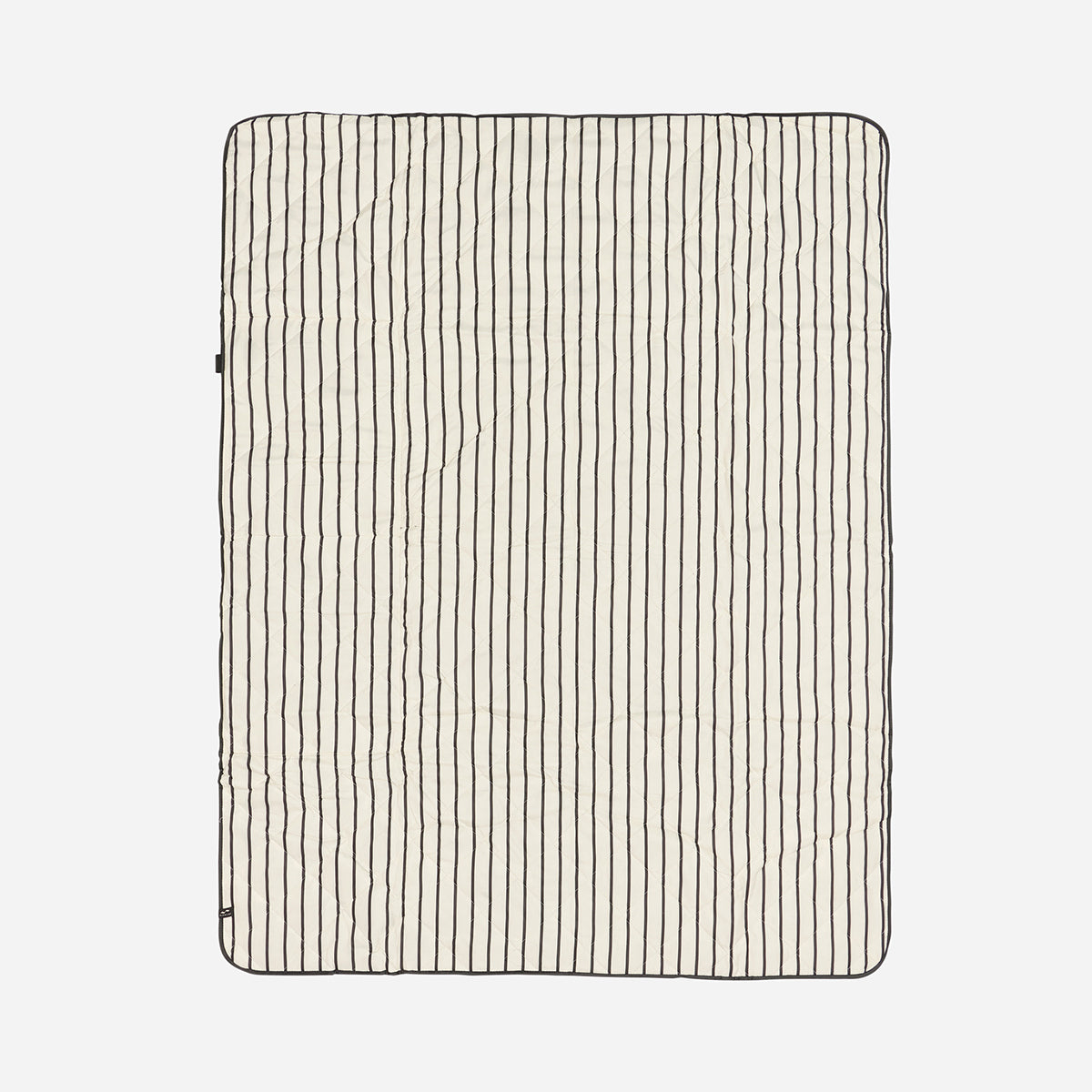 Quilted water-resistant picnic blanket with black pinstripes.