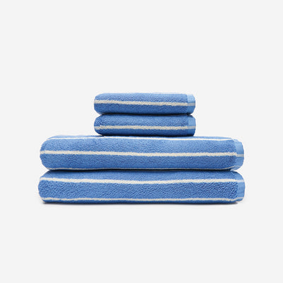 Bath towel set, plush cotton, blue stripes, bundle of four.