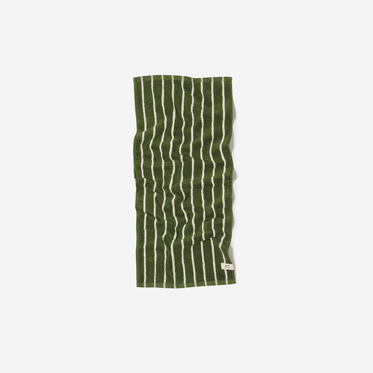 Green plush hand towel with vertical white stripes, displayed flat.