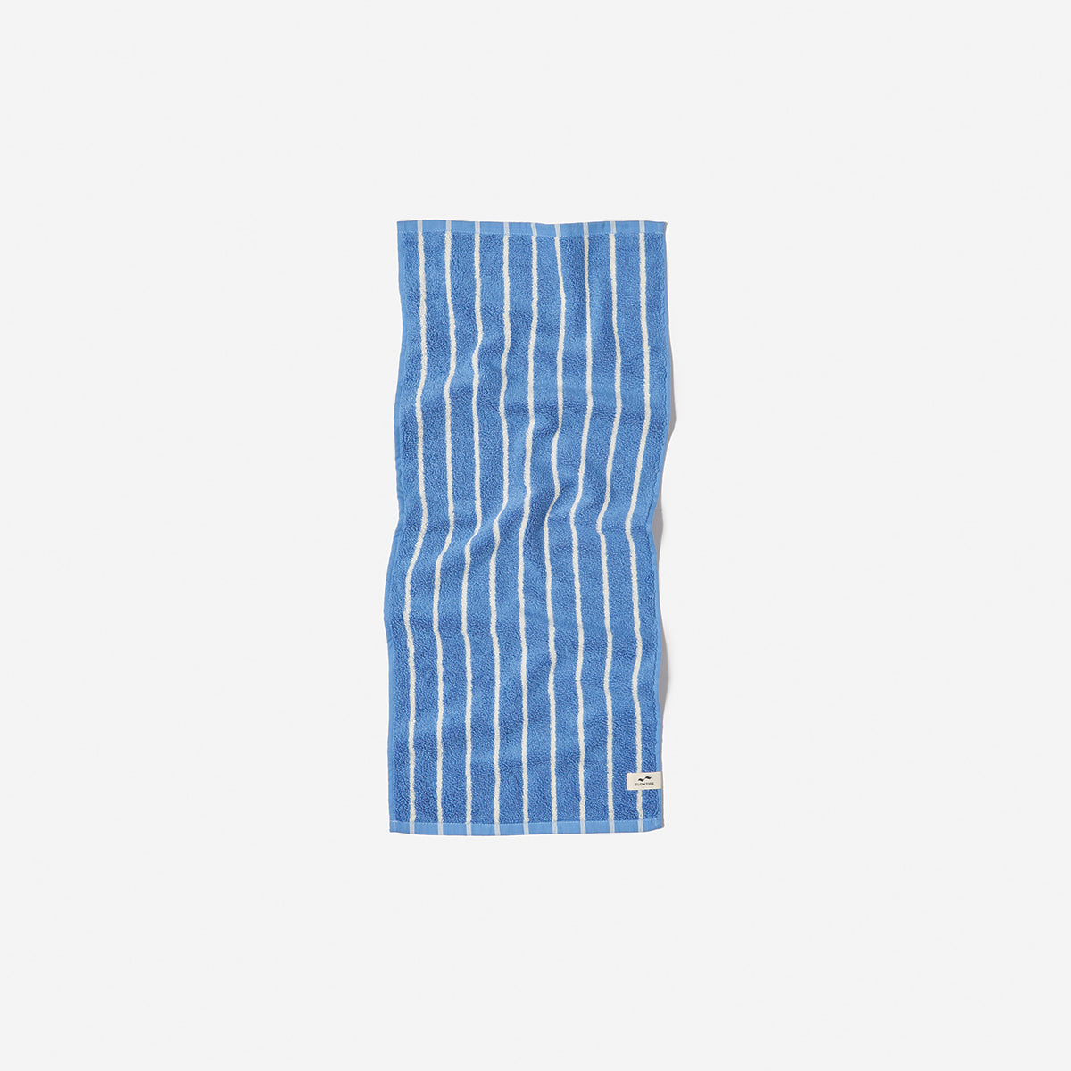 Blue quick dry towel with white vertical stripes, shown flat on a plain background.
