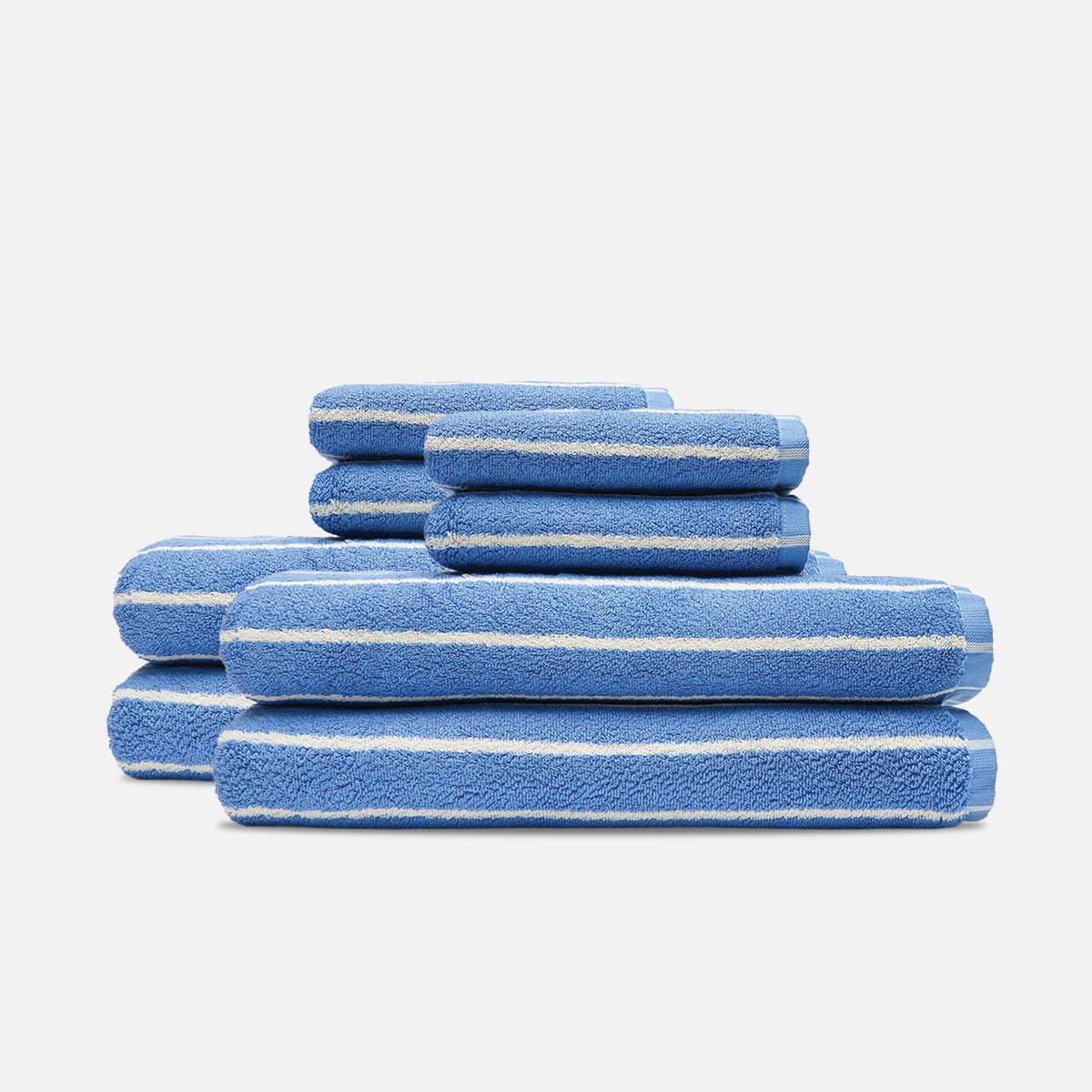 Bath towel bundle, plush cotton, blue with white stripes.