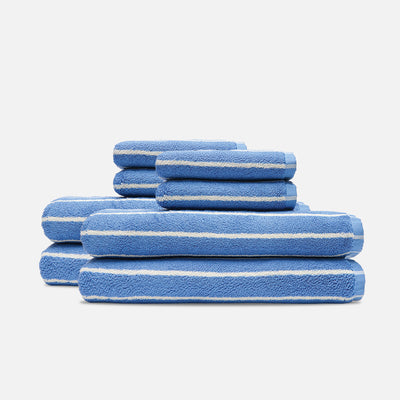 Bath towel bundle, plush cotton, blue with white stripes.