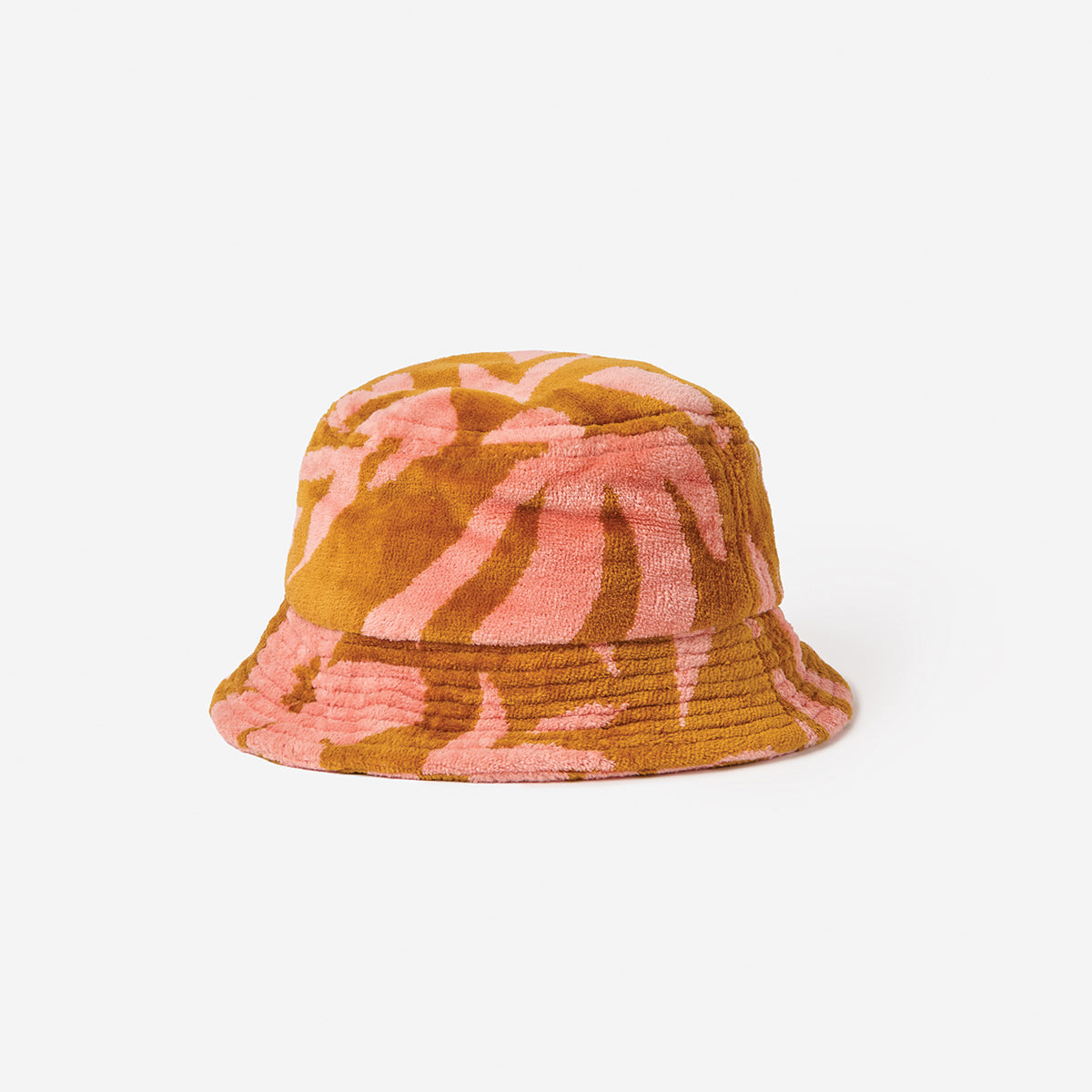 Cotton terry bucket hat with pink and brown botanical design on white.