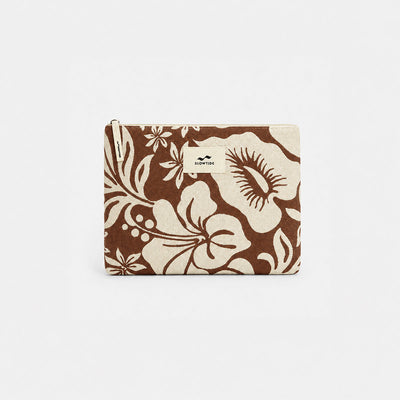 Floral zip pouch in brown and beige, fabric material, ideal for storing a beach towel.