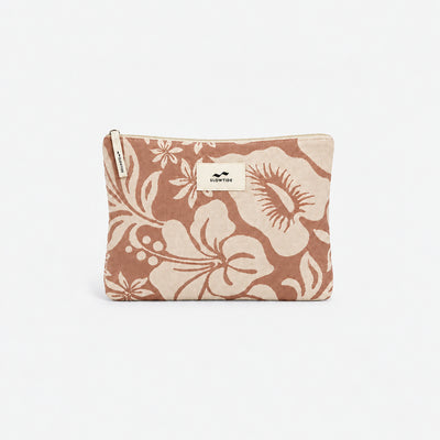 Beige fabric pouch with brown floral pattern, suitable for storing towels or small items.
