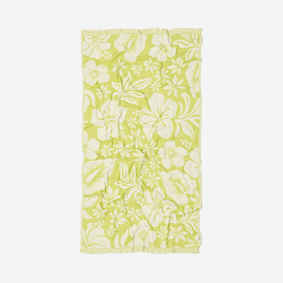 Cotton towel with yellow and white floral pattern and fringed edges.