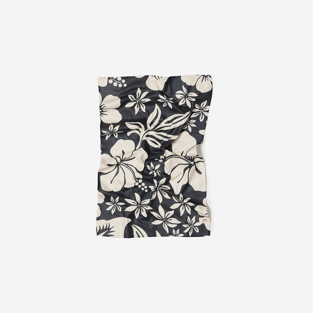 Microfiber kitchen towel with black and white tropical floral pattern on white.