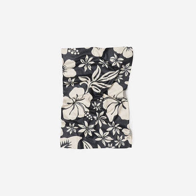 Microfiber kitchen towel with black and white tropical floral pattern on white.