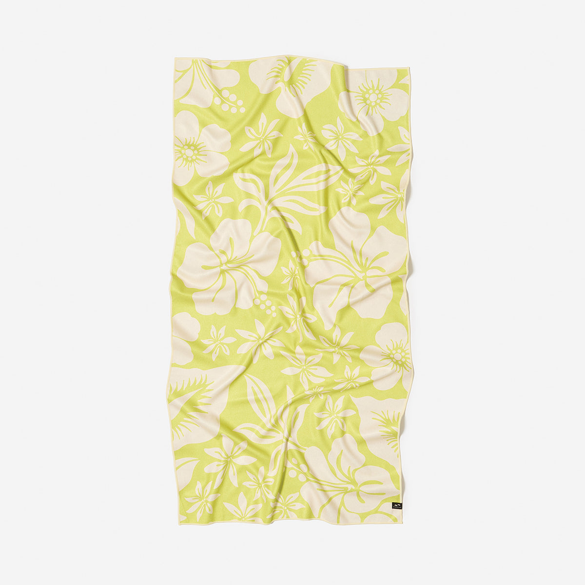 Quick-drying towel with white floral pattern, yellow-green, shown flat with slight wrinkles.