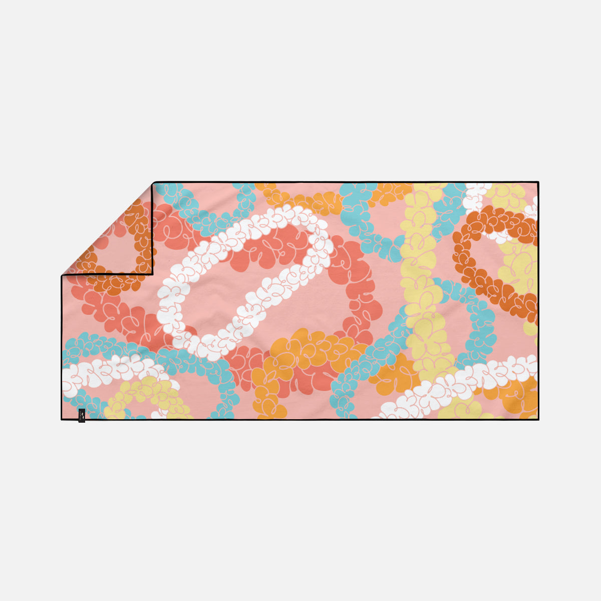 Quick dry towel with colorful overlapping floral chain pattern in orange, pink, yellow, blue, and white.