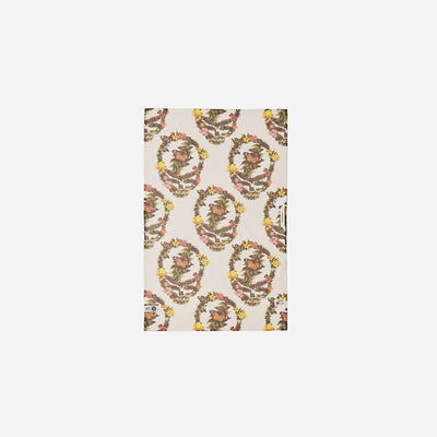 Kitchen towel, beige cotton with brown, yellow, and orange botanical print on fabric.