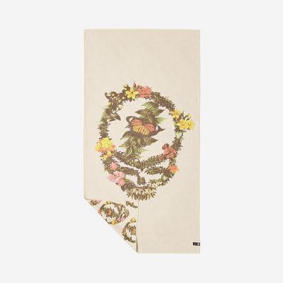 Beige quick-dry towel with floral and butterfly skull wreath design.