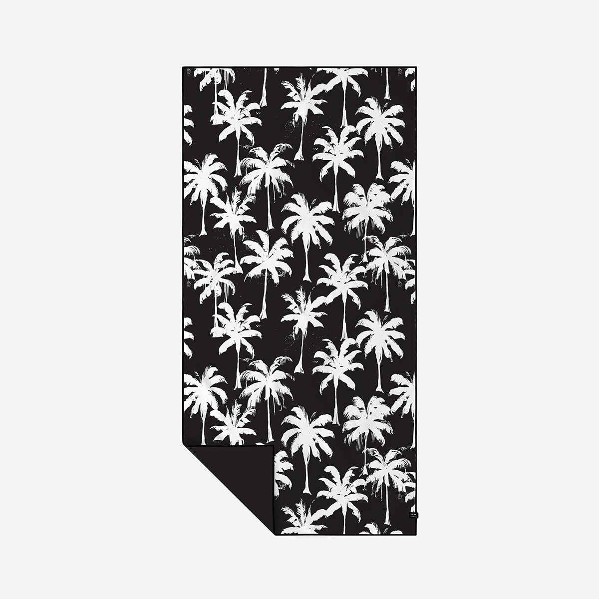 Black recycled towel with white palm tree pattern, quick-drying.