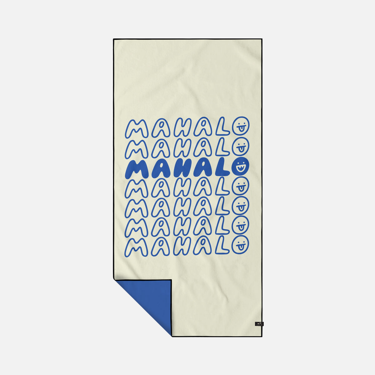 Beige quick-dry beach towel with blue text, smiley face pattern, and blue reverse side.