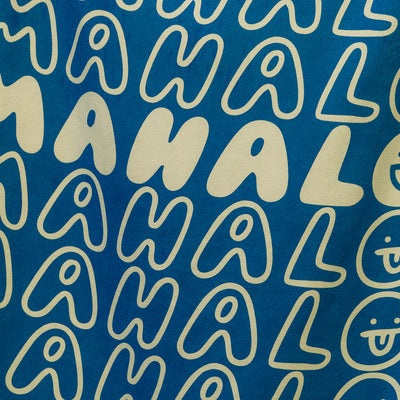 Blue recycled towel with light letters and smiley face doodles, quick-drying for travel.