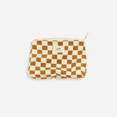 Checkered cotton canvas pouch with zip closure and front label.