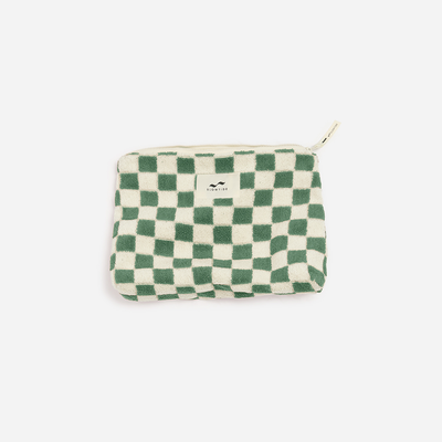 Cotton canvas pouch with green and white checkered pattern and zip closure.