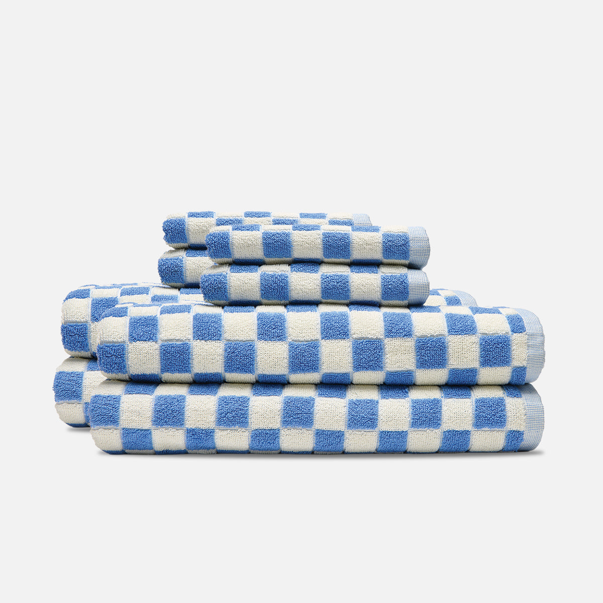 Absorbent towels, cotton, blue and white check pattern, displayed by size.