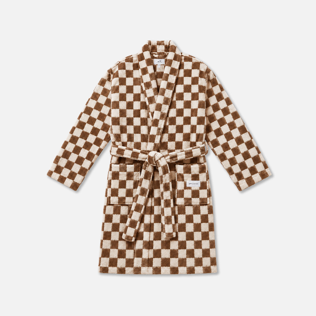 Plush checkered robe with belt, collar, and front pockets in brown and white pattern.