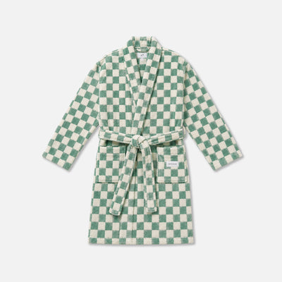 Plush checkered robe with belt, collar, and pockets in green and white pattern.