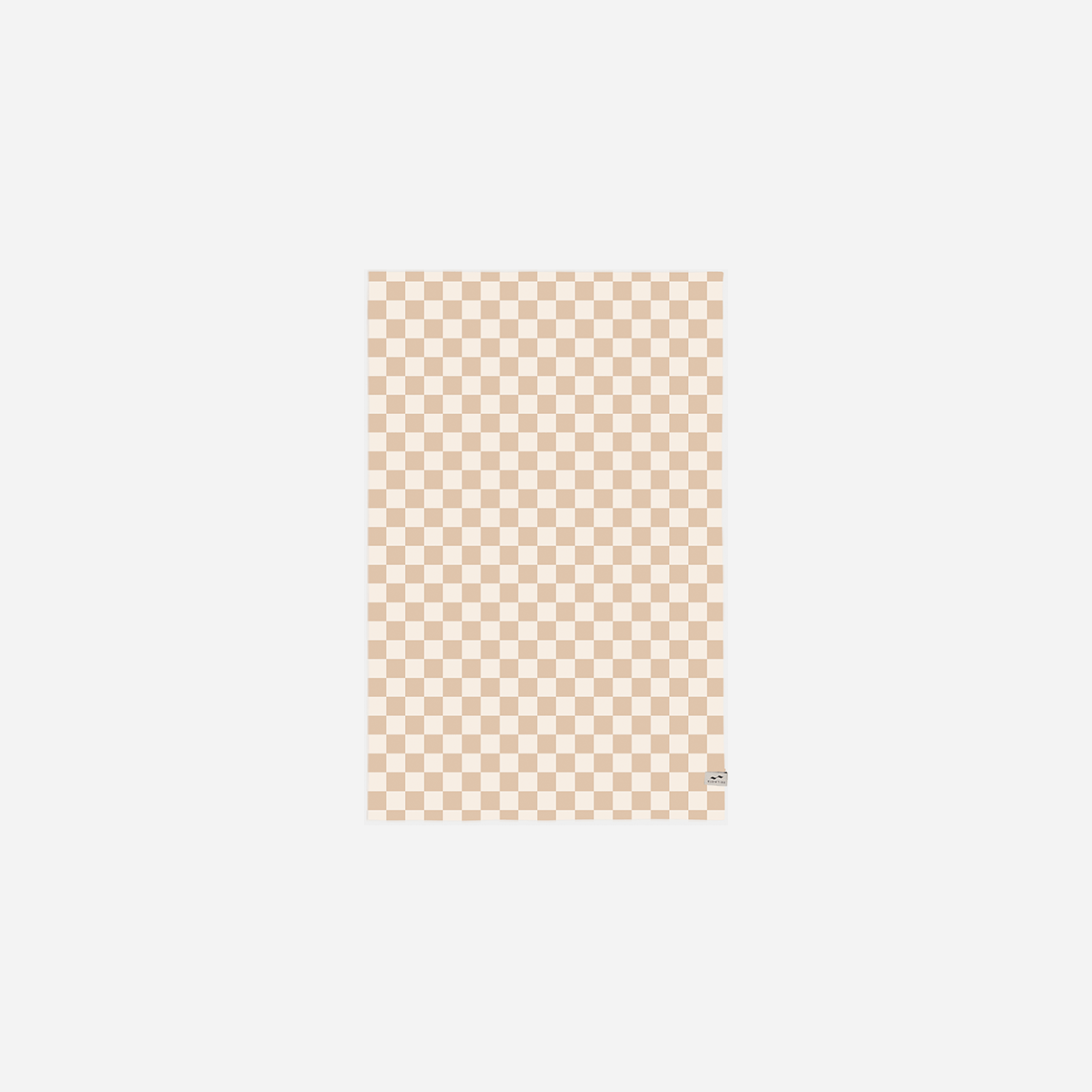 Tan and white checkered performance rug in quick-dry fabric.