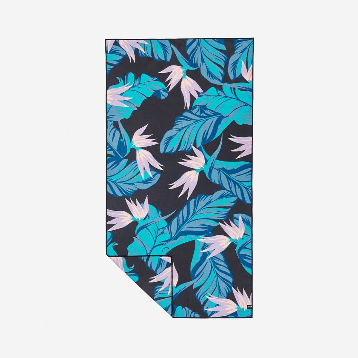 Sand-free towel with blue and pink tropical leaf and flower pattern on dark background.