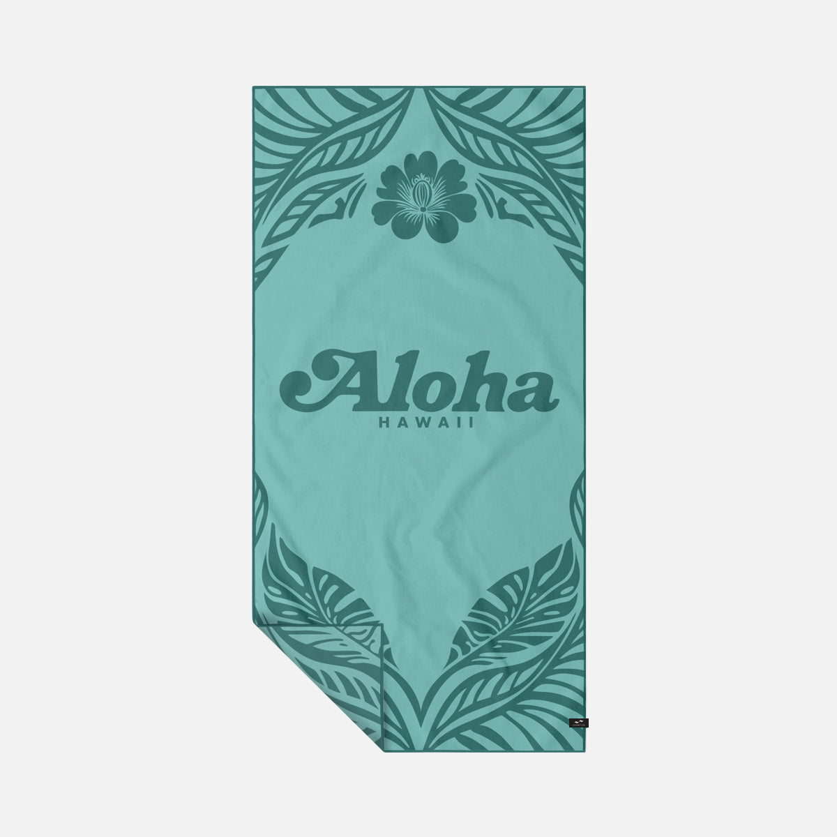 Quick-drying teal towel with floral and leaf pattern, Aloha Hawaii text.