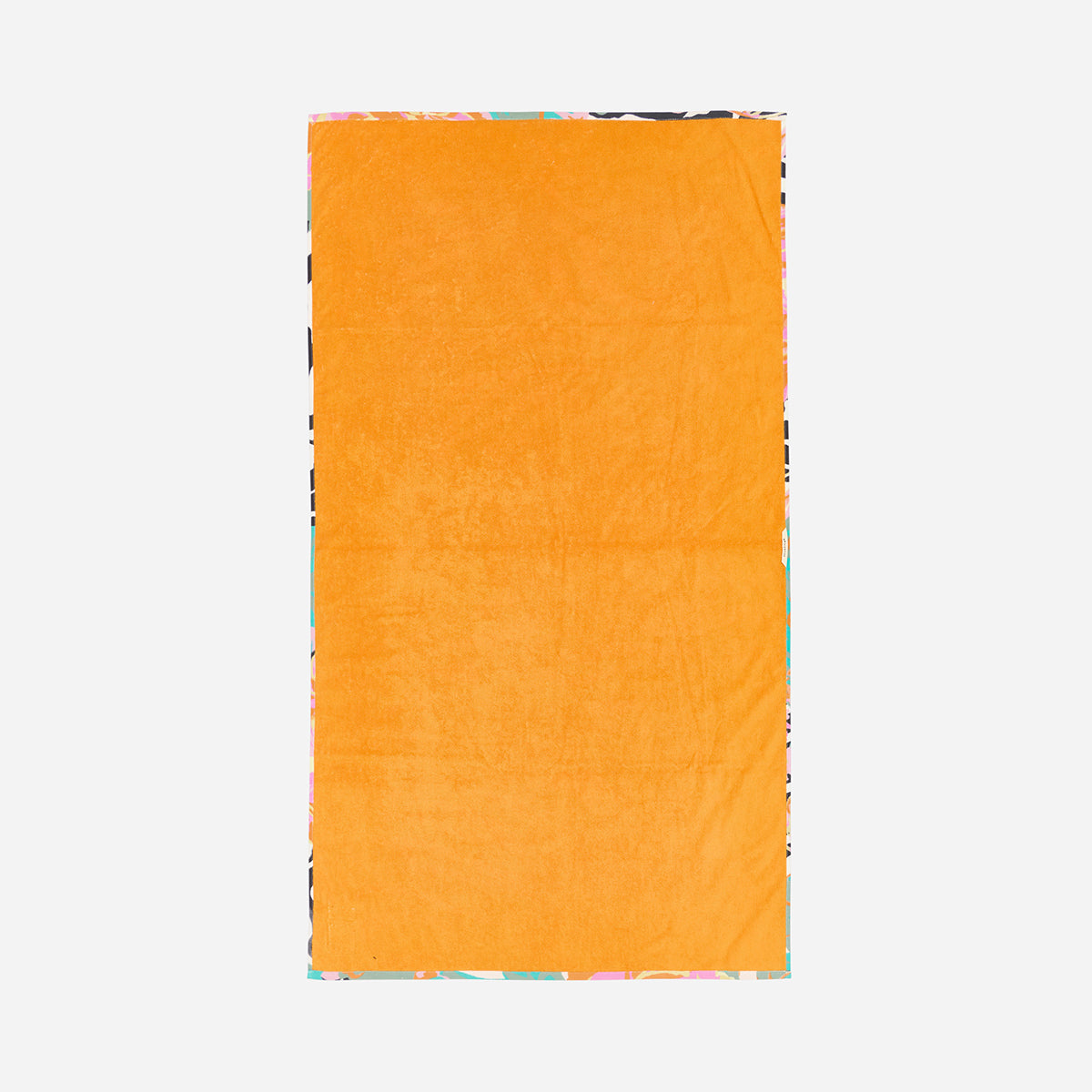 Beach towel, absorbent orange fabric with colorful border, shown on a white background.