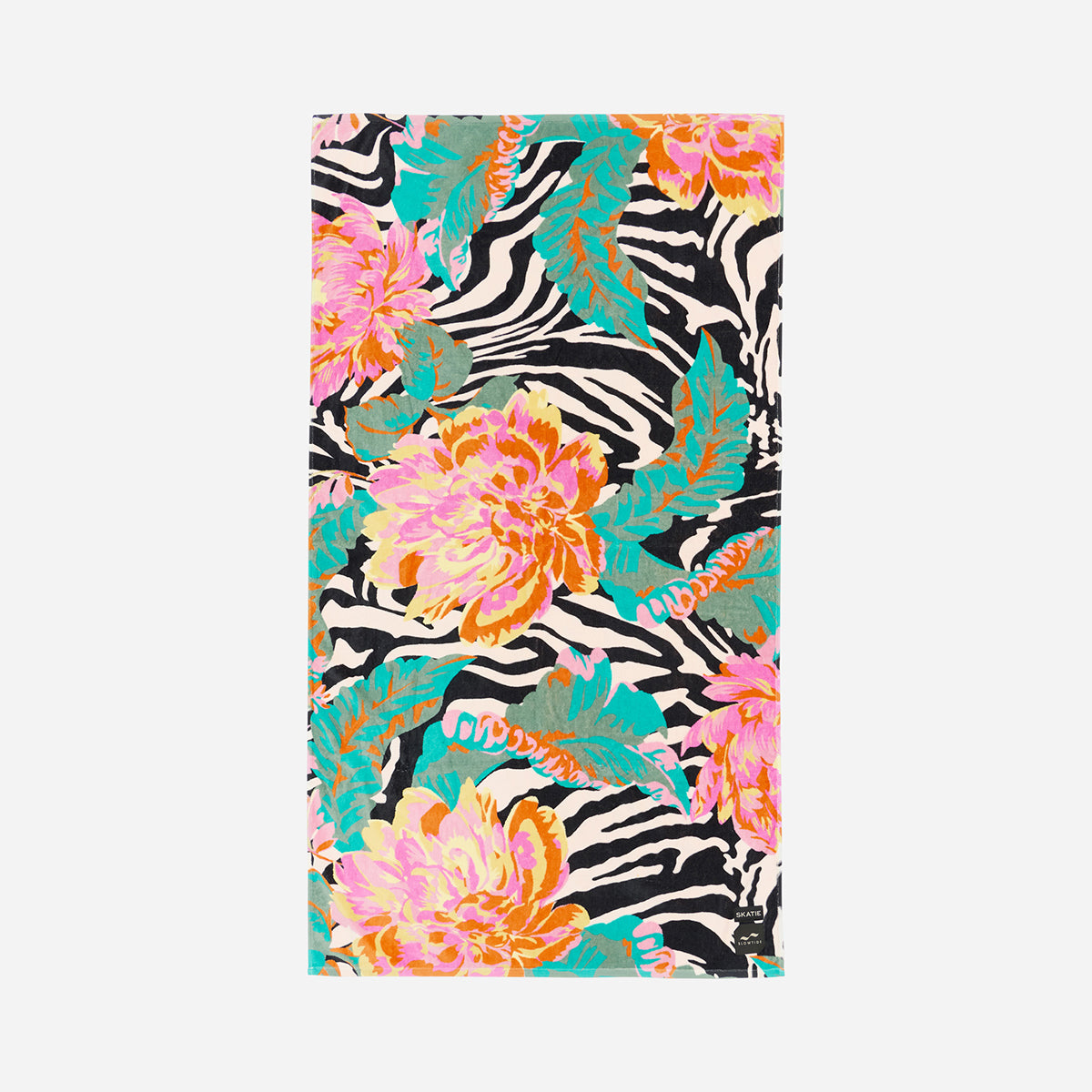 Velour towel with zebra stripes, tropical leaves, and pink-orange flower print.