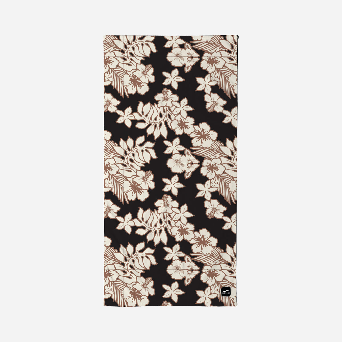 Beach towel, plush velour, beige and brown tropical floral pattern on black background.