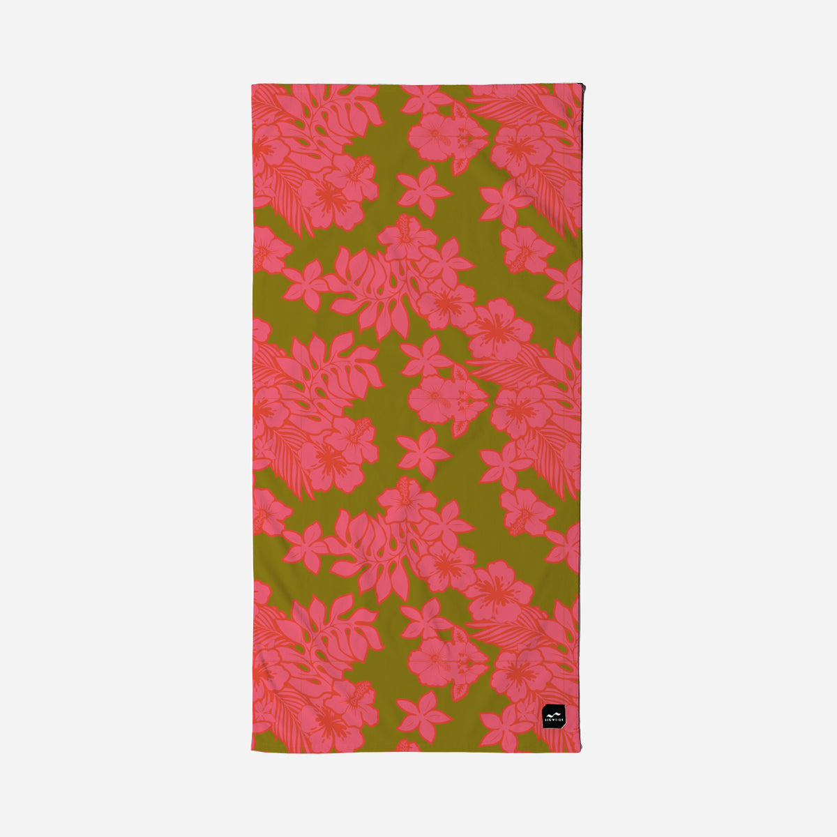 Beach towel with pink floral pattern on olive green background.