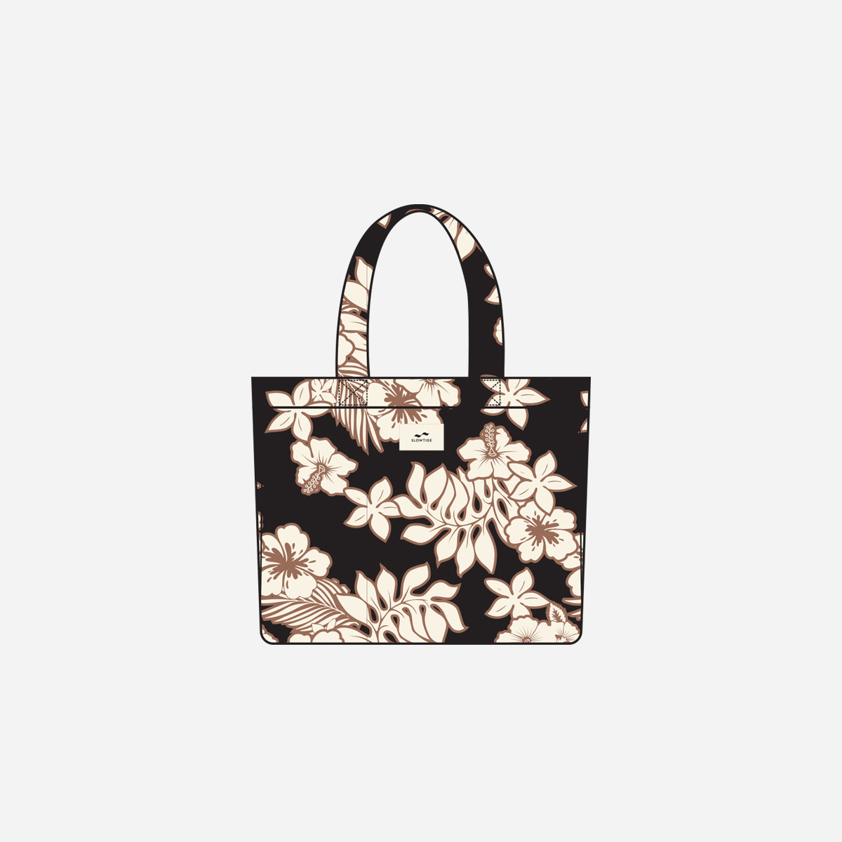 Black tote bag with terry fabric and black floral pattern, two handles shown.