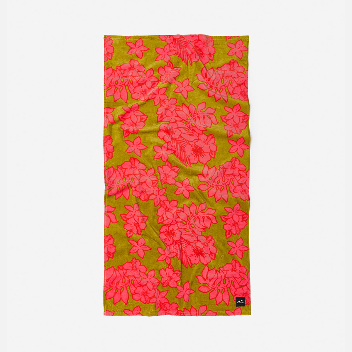 Green velour towel with bright pink floral pattern, displayed flat.