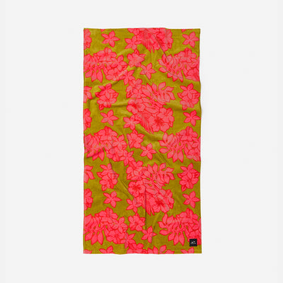 Green velour towel with bright pink floral pattern, displayed flat.