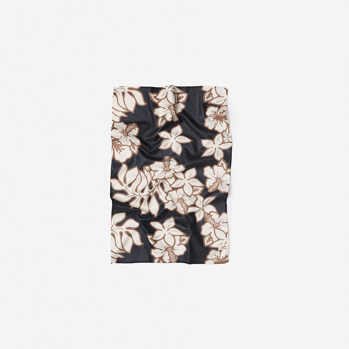 Quick dry black towel with beige floral and leaf print, flat display.