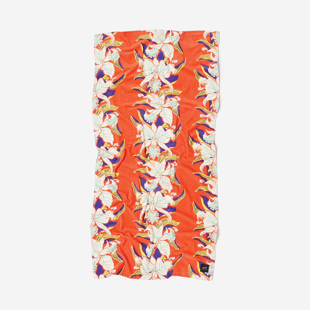 Velour towel with red, white, and purple floral print, displayed flat.