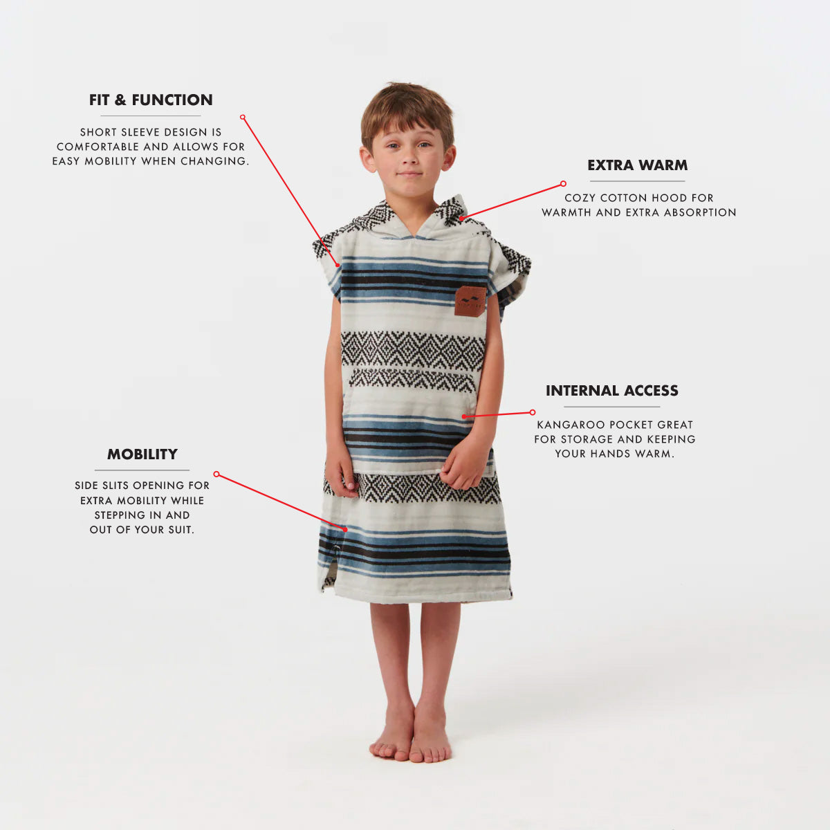 Cotton changing poncho with labeled fit, warmth, and absorbency features shown.