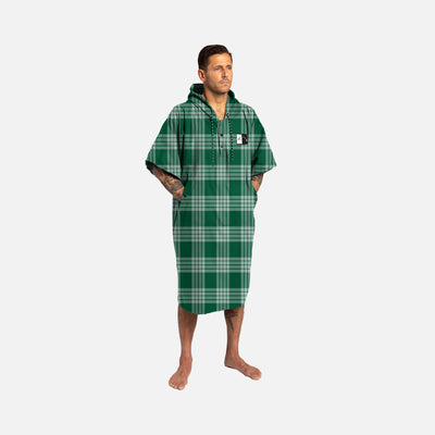 Changing poncho, green plaid, high absorbency, hood and pockets.