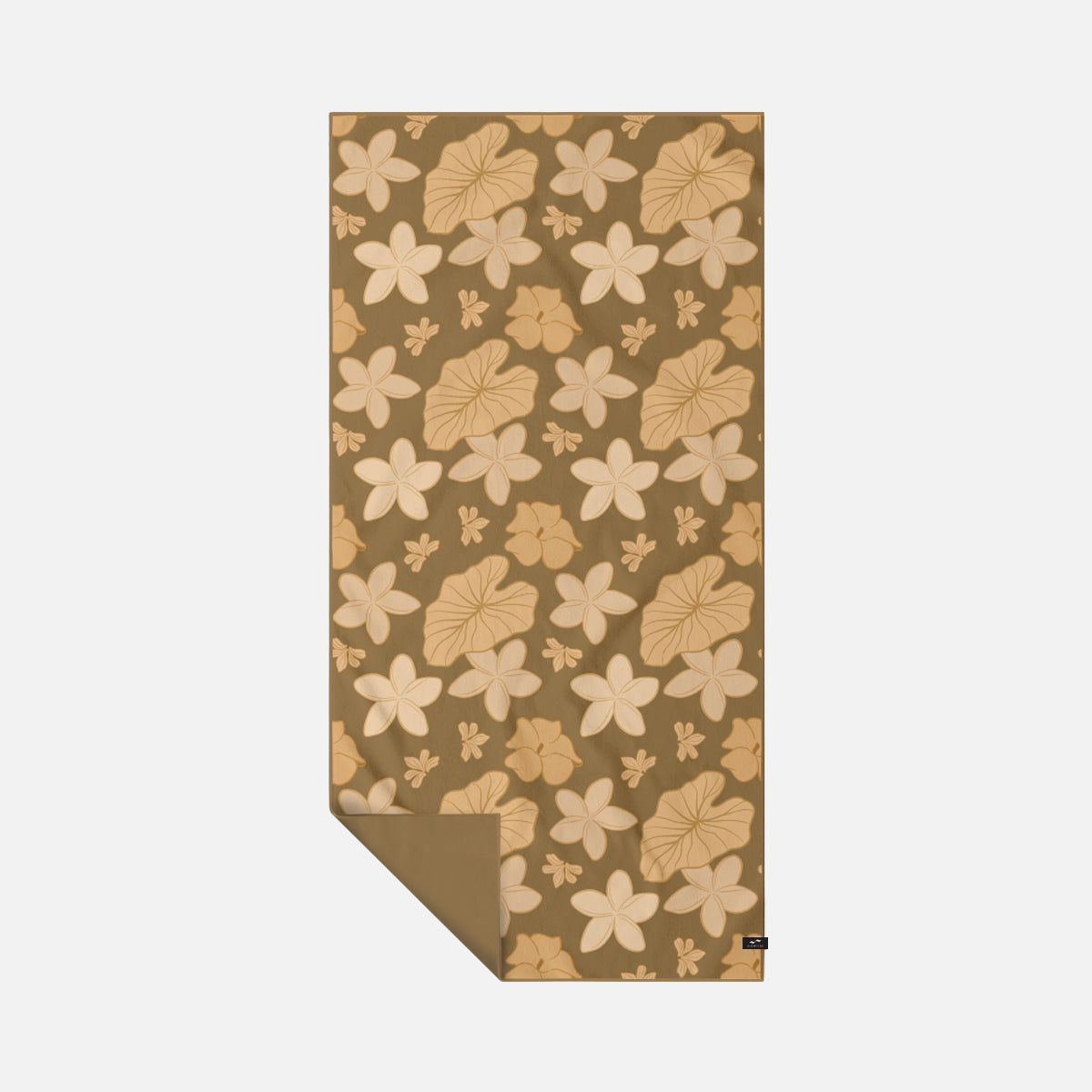 Quick-drying towel with beige floral and leaf pattern.