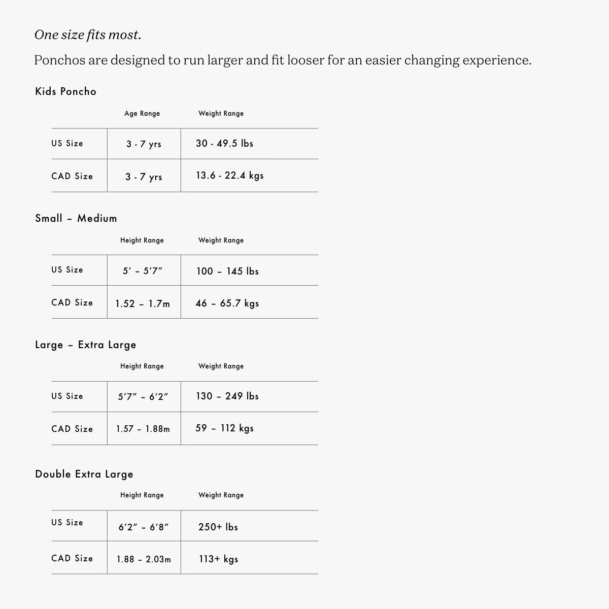 Cotton terry changing poncho size chart with age, height, and weight ranges.