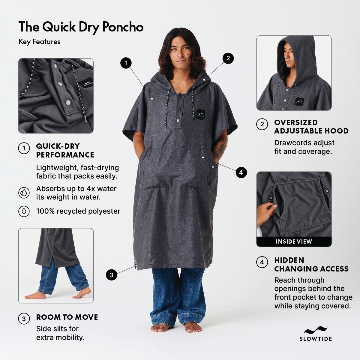 Gray hooded changing poncho with front pocket and side slits.
