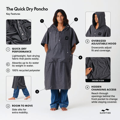 Gray hooded changing poncho with front pocket and side slits.